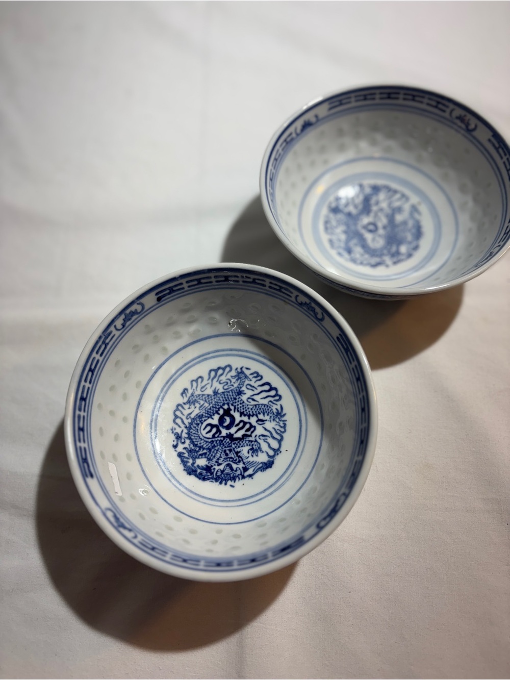 Vintage Blue and White Dragon Porcelain Bowls - Set of 2